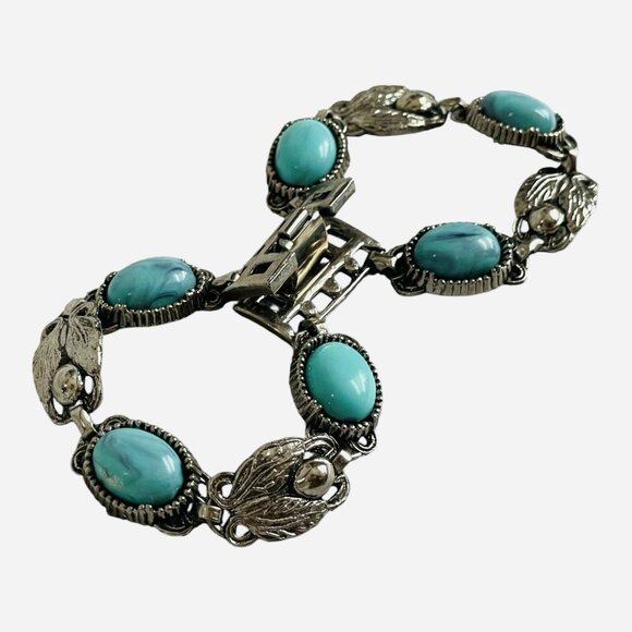 7.5" Vintage Double Layered Turquoise Silver Tone Panel Link Cuff Bracelet - Picture 5 of 6